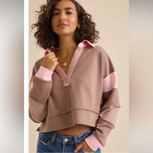 NWT Altar'd State Blake Cropped V-Neck Pink & Mocha Pullover (Size Medium)